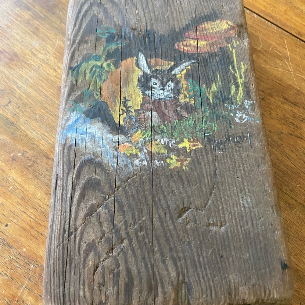 Vintage Hand-Painted Rabbit Forest Scene on Wood Wall Decor